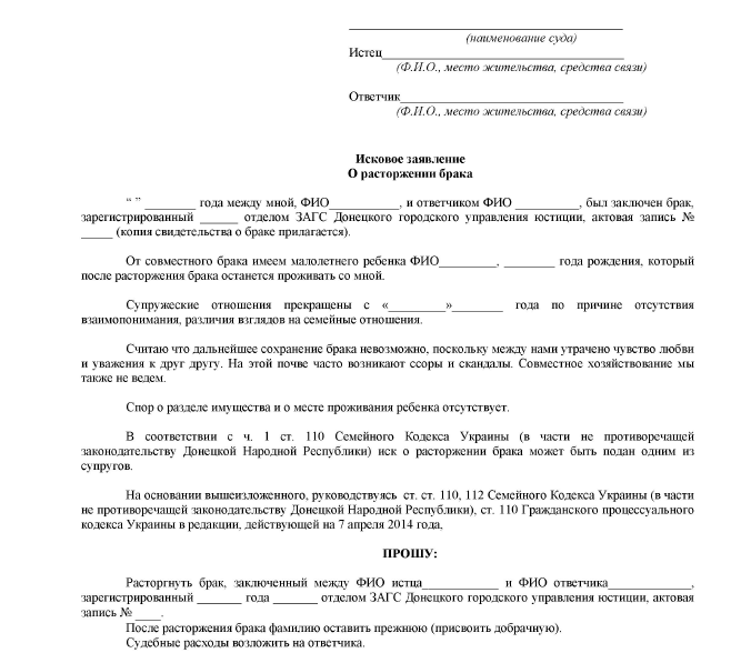 Бланк заявления на развод через суд с детьми образец