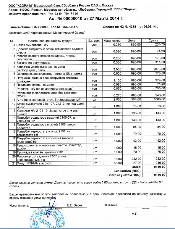 Реестр актов выполненных работ образец