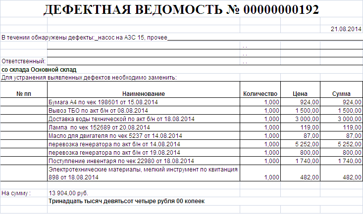 Дефектная ведомость образец заполнения